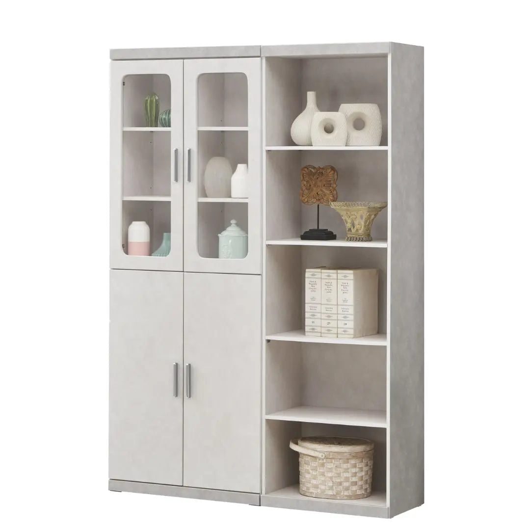 Elegant Light Grey Bookcase Display Cabinet with Glass Doors, Drawers & Shelves Grandeur Furnishings