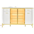 Wide white side cabinet with gold-coloured centre display and side cupboards