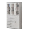 Grey book cabinet with glazed upper doors, left drawers and right lower door