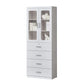 Multi-Storage Book Cabinet with Glass Doors & Drawers – White Finish Grandeur Furnishings