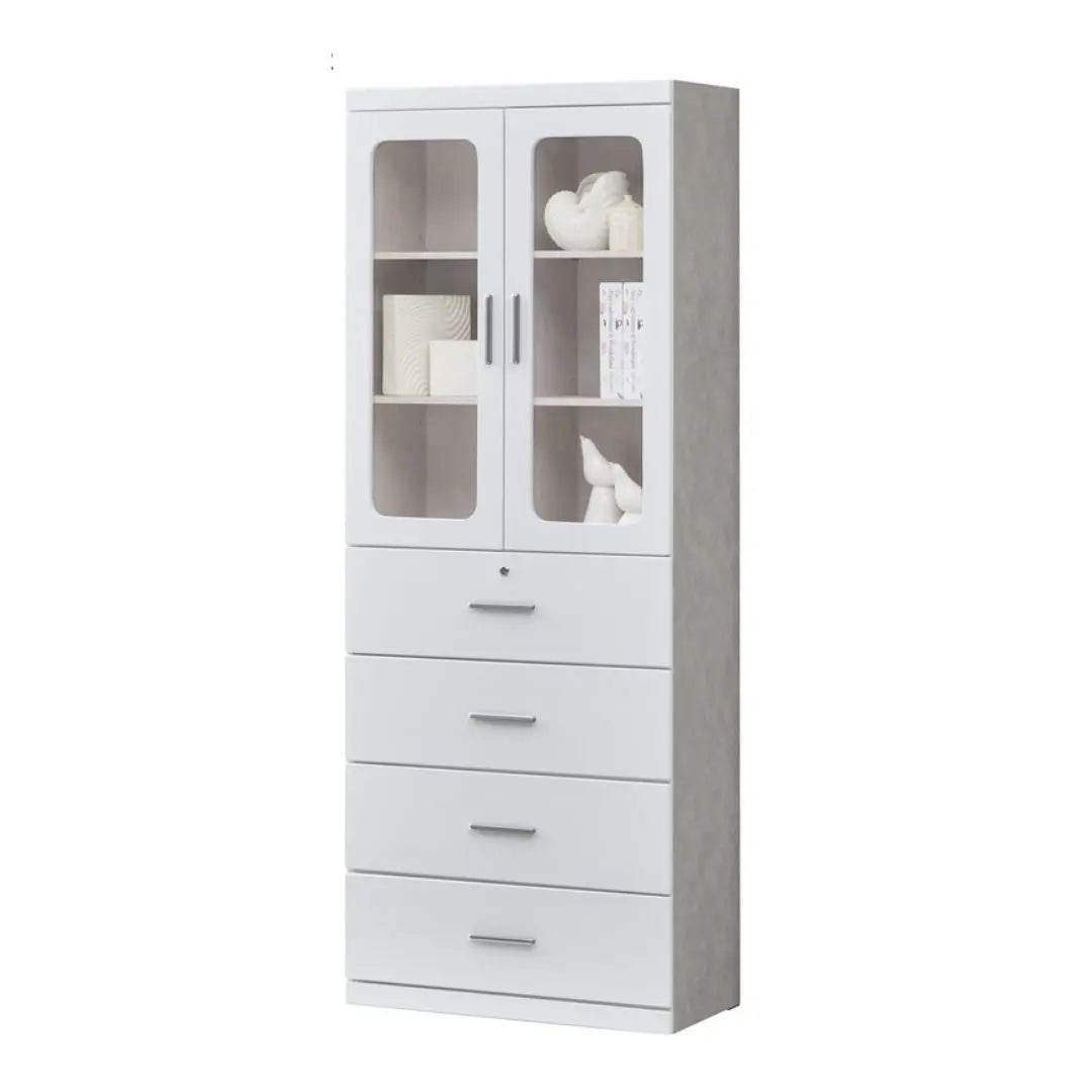 Multi-Storage Book Cabinet with Glass Doors & Drawers – White Finish Grandeur Furnishings