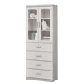 Grey book cabinet with glazed upper doors and four lower drawers