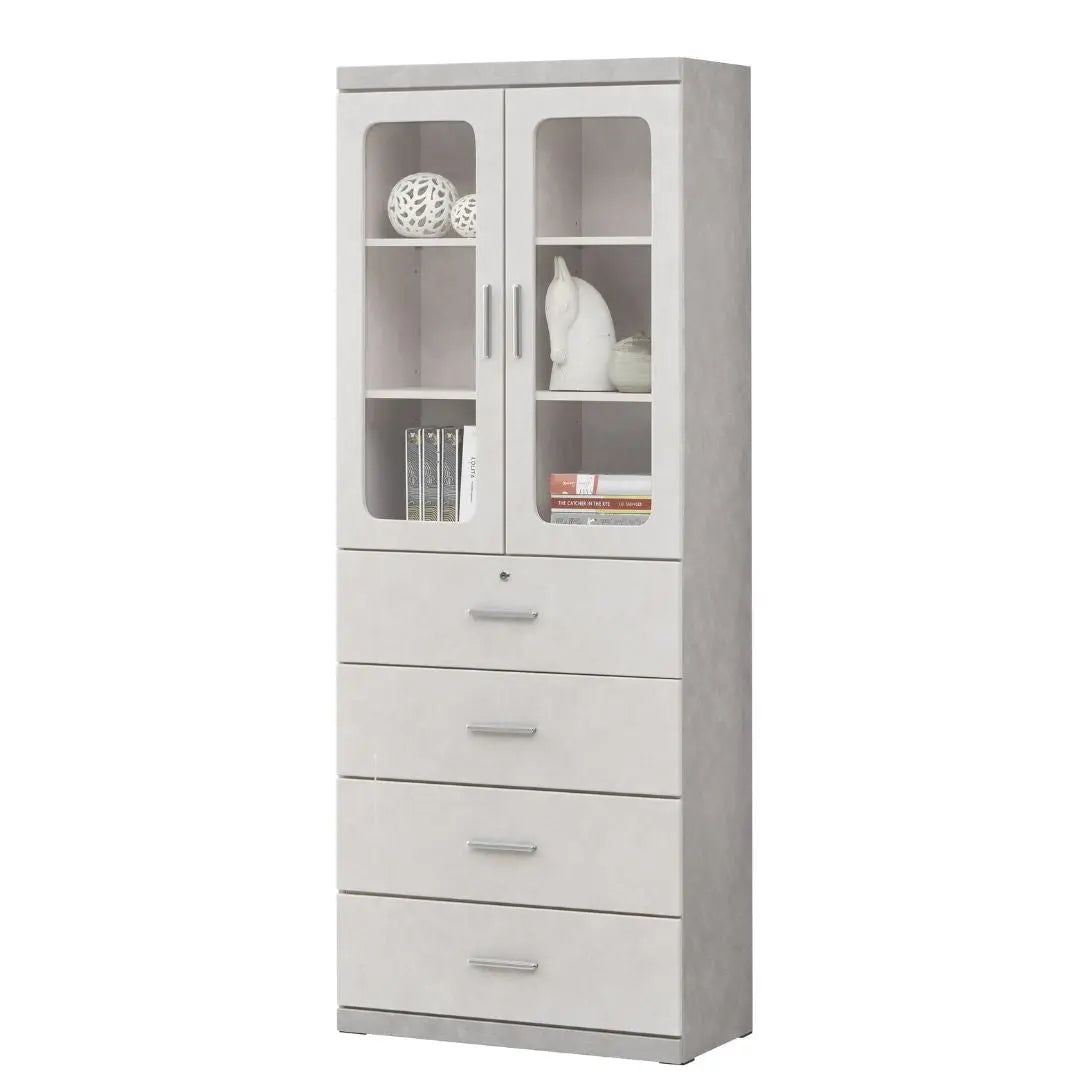 Elegant Light Grey Bookcase Display Cabinet with Glass Doors, Drawers & Shelves Grandeur Furnishings