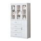 Multi-Storage Book Cabinet with Glass Doors & Drawers – White Finish Grandeur Furnishings