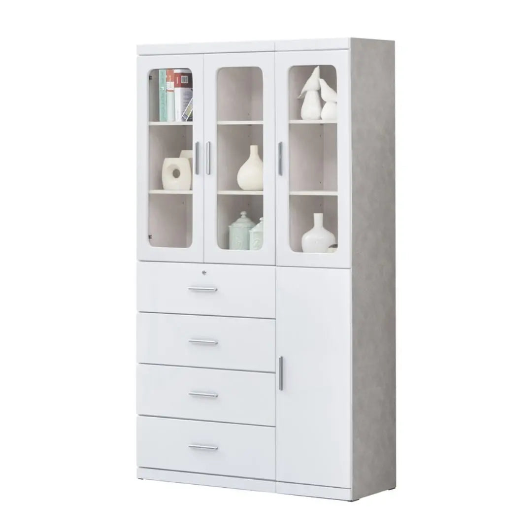 Multi-Storage Book Cabinet with Glass Doors & Drawers – White Finish Grandeur Furnishings