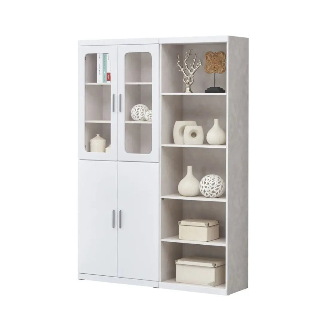 Multi-Storage Book Cabinet with Glass Doors & Drawers – White Finish Grandeur Furnishings