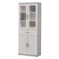 Grey book cabinet with glazed upper doors, central drawer and lower doors