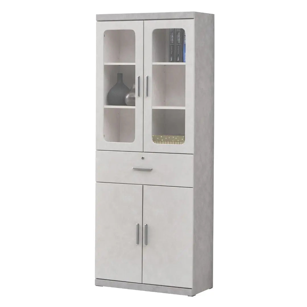 Elegant Light Grey Bookcase Display Cabinet with Glass Doors, Drawers & Shelves Grandeur Furnishings