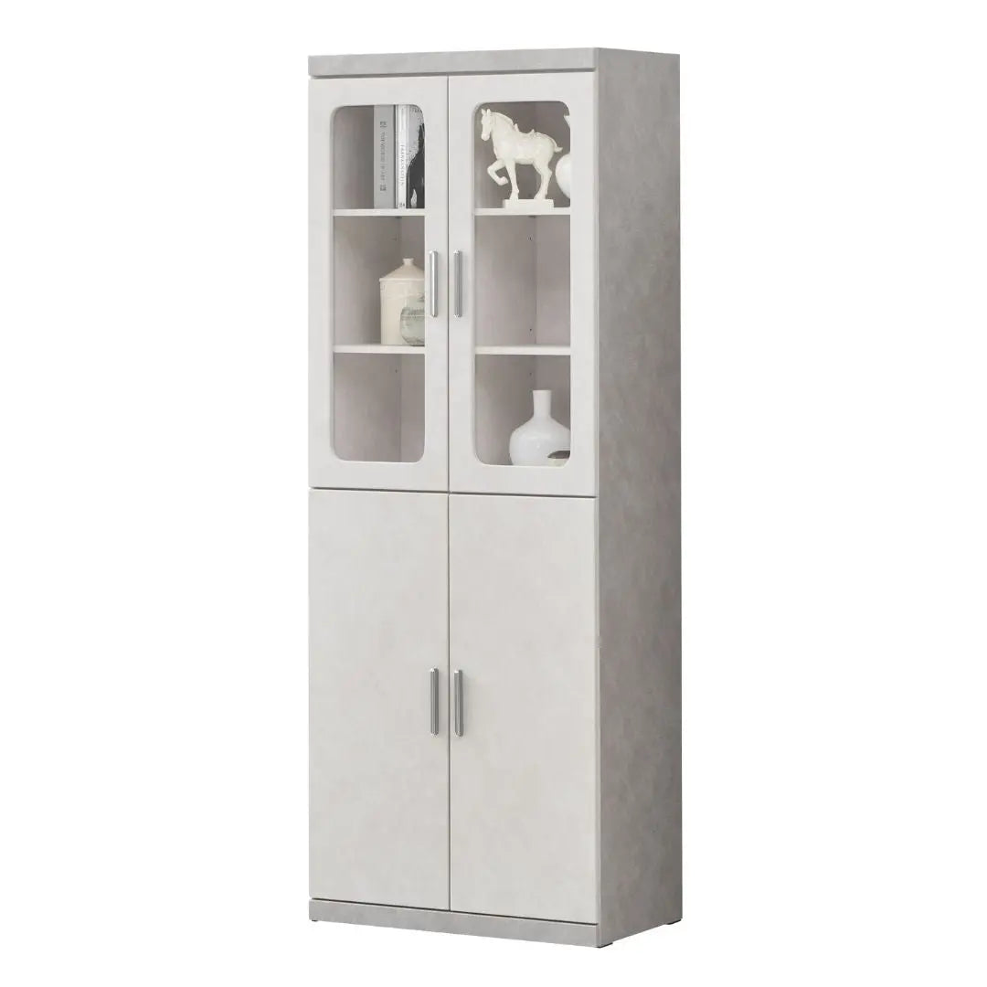 Elegant Light Grey Bookcase Display Cabinet with Glass Doors, Drawers & Shelves Grandeur Furnishings