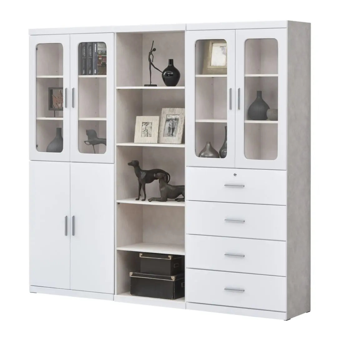 Multi-Storage Book Cabinet with Glass Doors & Drawers – White Finish Grandeur Furnishings