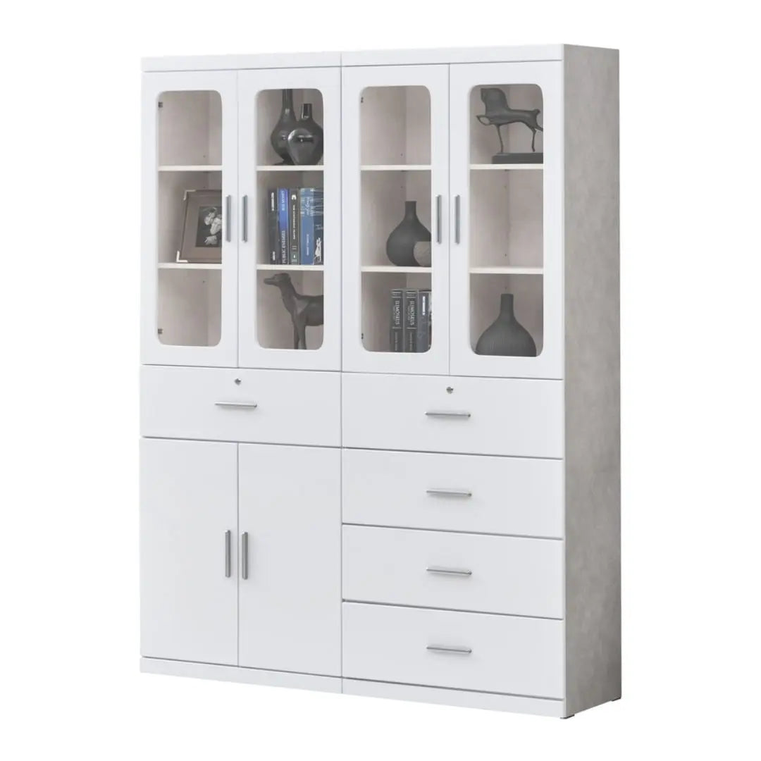 Multi-Storage Book Cabinet with Glass Doors & Drawers – White Finish Grandeur Furnishings