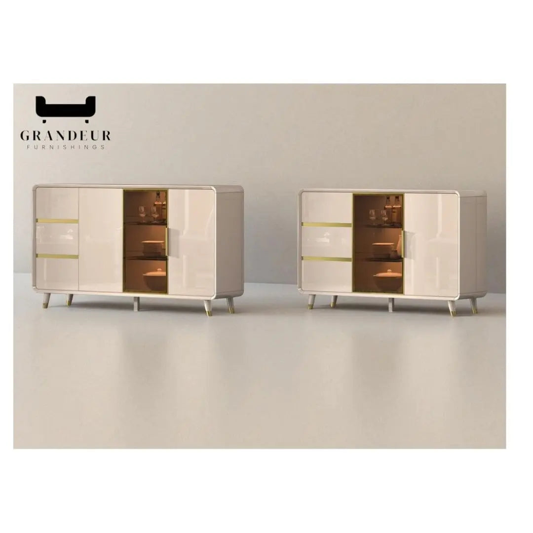 Elegant Gloss Light Khaki Side Cabinet with Gold Chrome Plated Accents & Tempered Glass Grandeur Furnishings