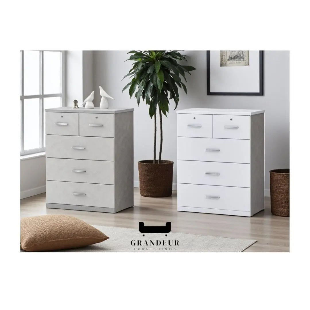 Modern 5-Drawer Storage Chest of Drawers in Grey or White Grandeur Furnishings