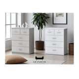 Grey and white drawer chests in a living room