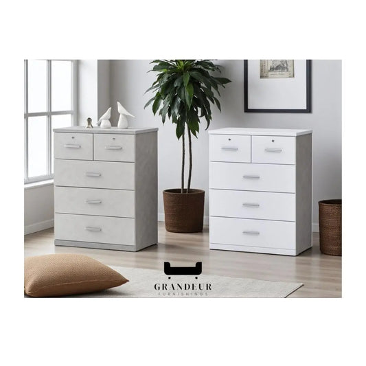 Modern 5-Drawer Storage Chest of Drawers in Grey or White Grandeur Furnishings