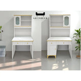 White study desks with gold-coloured legs and upper cupboards