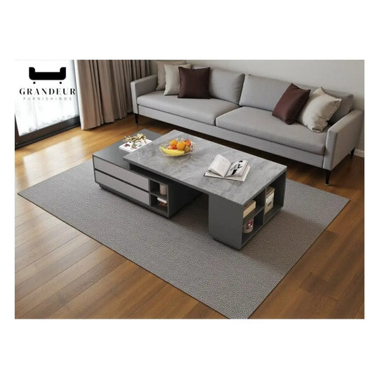 Modern Italian Grey Sintered Stone Coffee Table with 4 Drawers & Storage Grandeur Furnishings