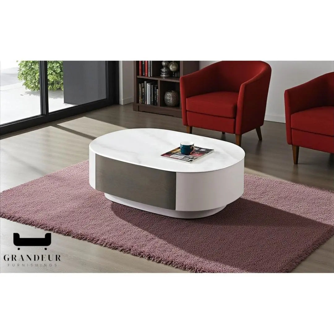 Gloss White Granite Stone Coffee Table with 2 Soft-Closing Drawers Grandeur Furnishings