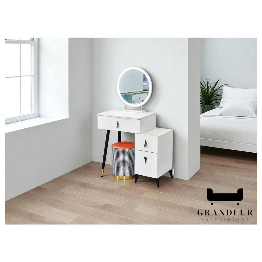 Elegant White Dressing Table with Mirror and Storage Drawers Grandeur Furnishings