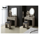 Two grey dressing table designs with mirrors and matching stools