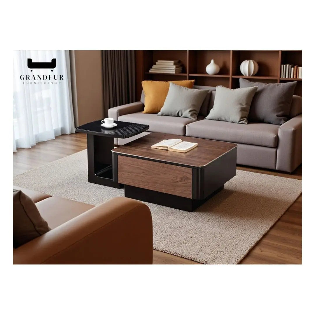 Modern Matte Brown & Black Coffee Table with Phenolic Wood Grain Glass Top Grandeur Furnishings