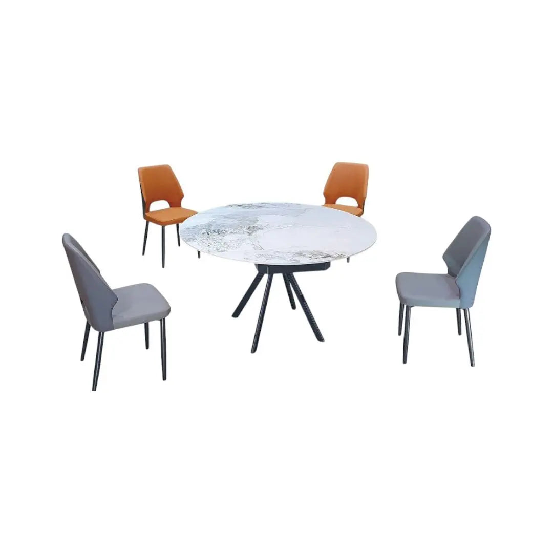Modern Round Extendable Sintered Stone Dining Table Set with Metal Base and PU Chairs 1+4 Grandeur Furnishings