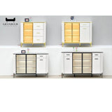 White side cabinets with gold-coloured and black glass-door sections