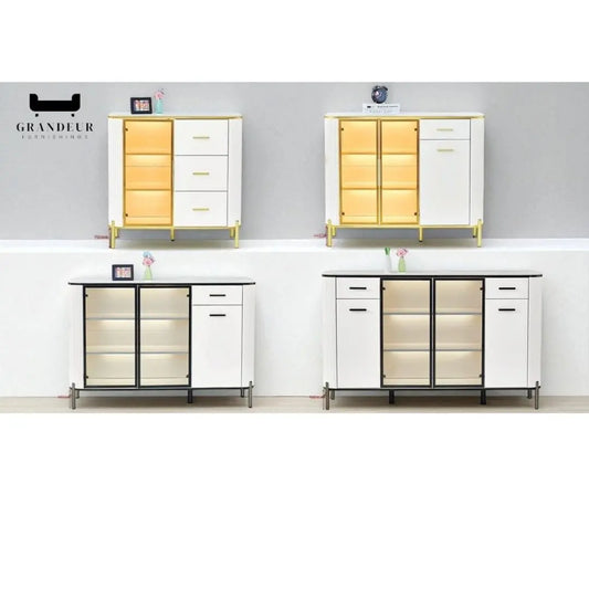 Glass Display Side Cabinet with LED Lights & Sintered Stone Top Storage Solution Grandeur Furnishings