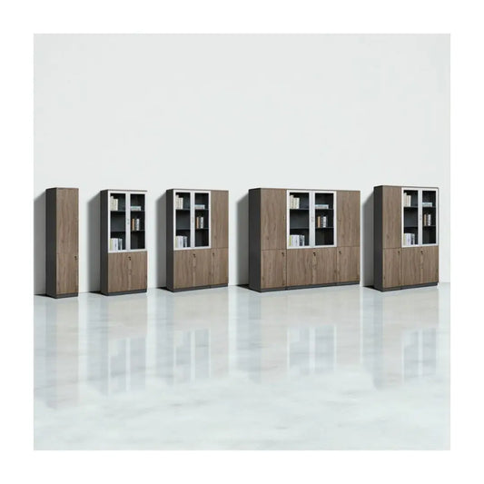Executive Modular Bookcase | Wood Grain Office Storage Book Cabinet with Lockable Doors Grandeur Furnishings