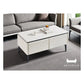 Stylish White Coffee Table with Storage Drawers and Sleek Black Legs Grandeur Furnishings