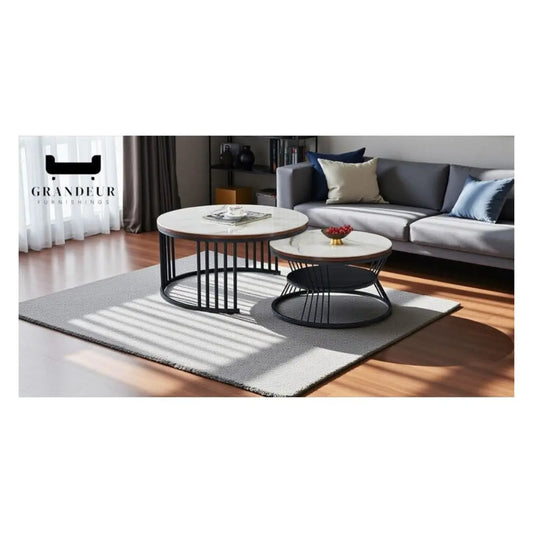 Nested Round Coffee Table with Sintered Stone Top and Black Metal Base Grandeur Furnishings