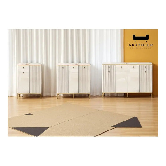 Elegant Shoe Cabinet with Gold-Plated Chrome Legs & Gloss White Sintered Stone Top Grandeur Furnishings