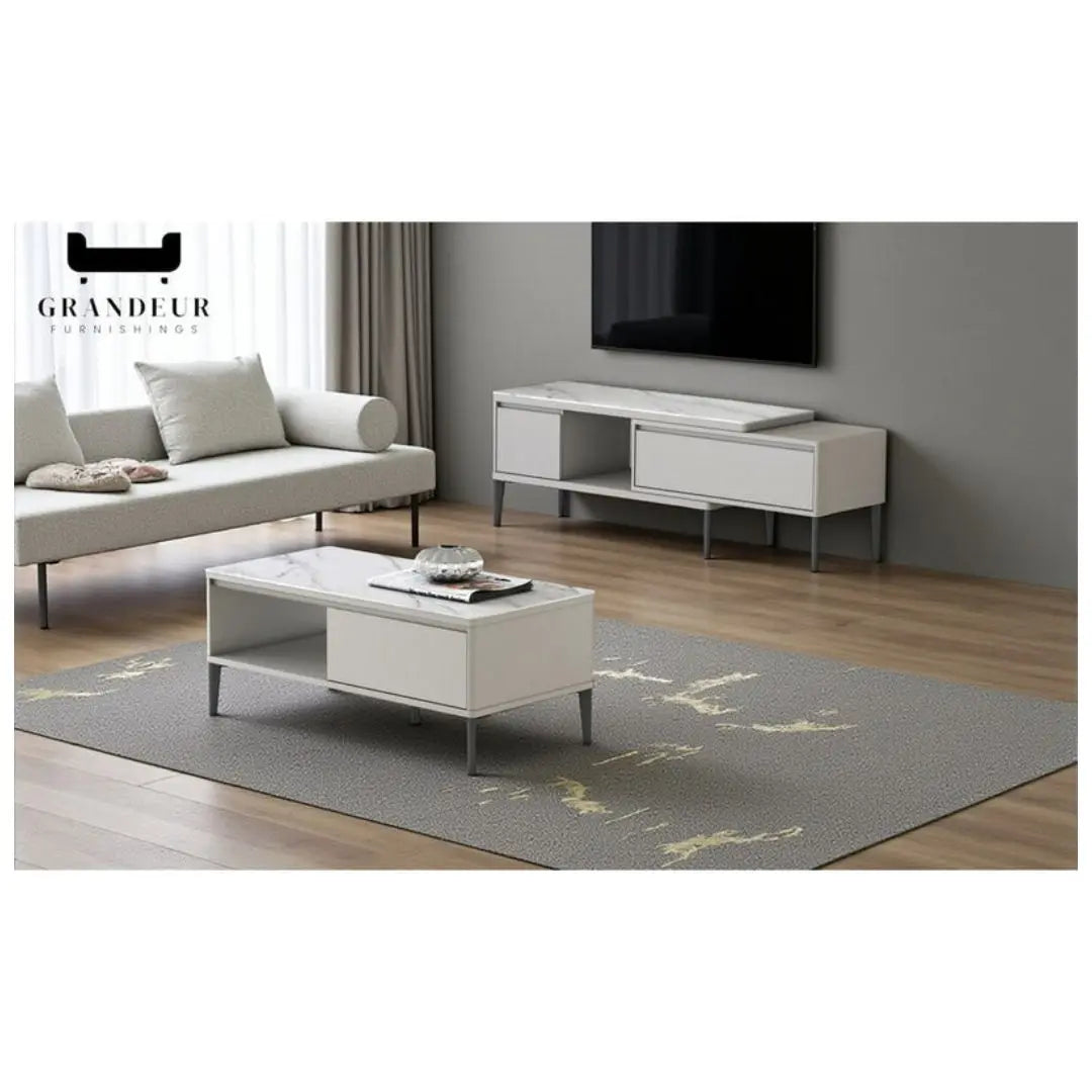TV Console & Coffee Table Set – Gloss White or Gloss Grey Finish with Sintered Stone Top Grandeur Furnishings