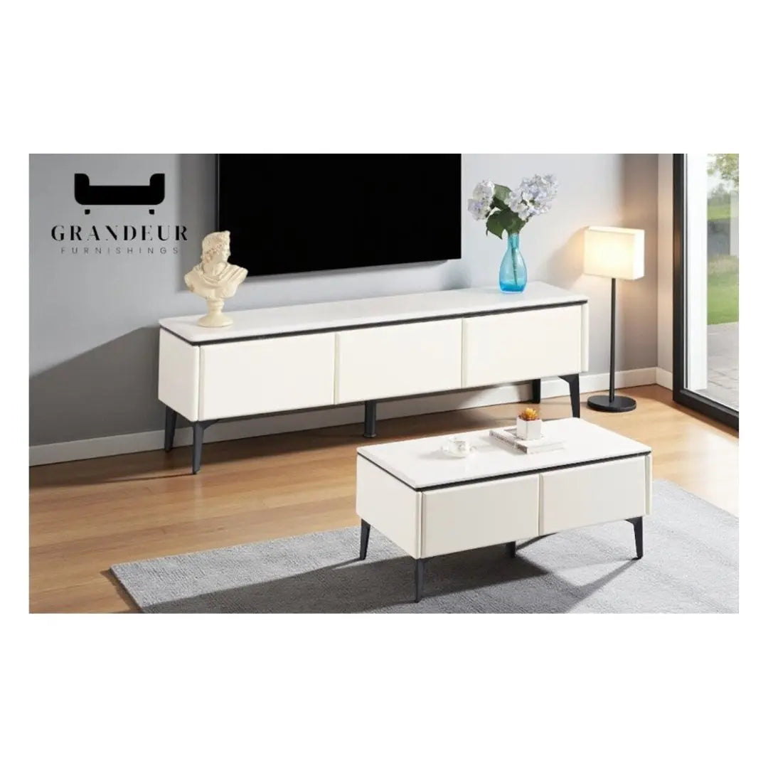 Contemporary TV Console & Coffee Table Set – Sleek White Design, Spacious Storage Grandeur Furnishings