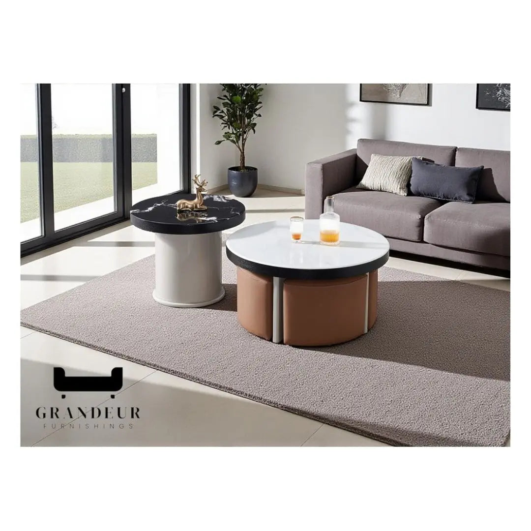 Modern Microcrystalline Stone Coffee Table with 4 Stools Grandeur Furnishings
