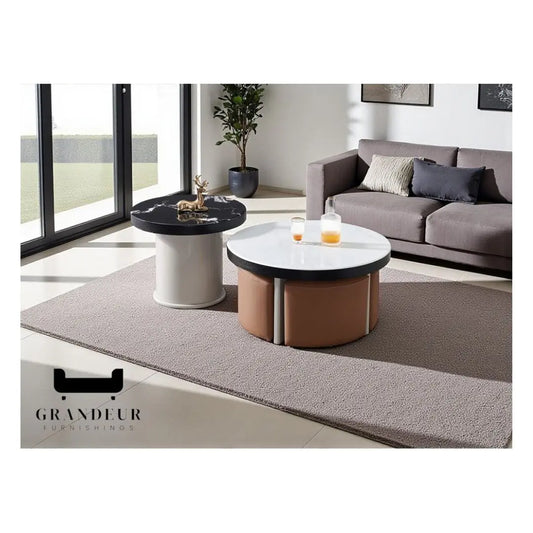 Modern Microcrystalline Stone Coffee Table with 4 Stools Grandeur Furnishings