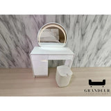 White dressing table with illuminated arched mirror and white stool