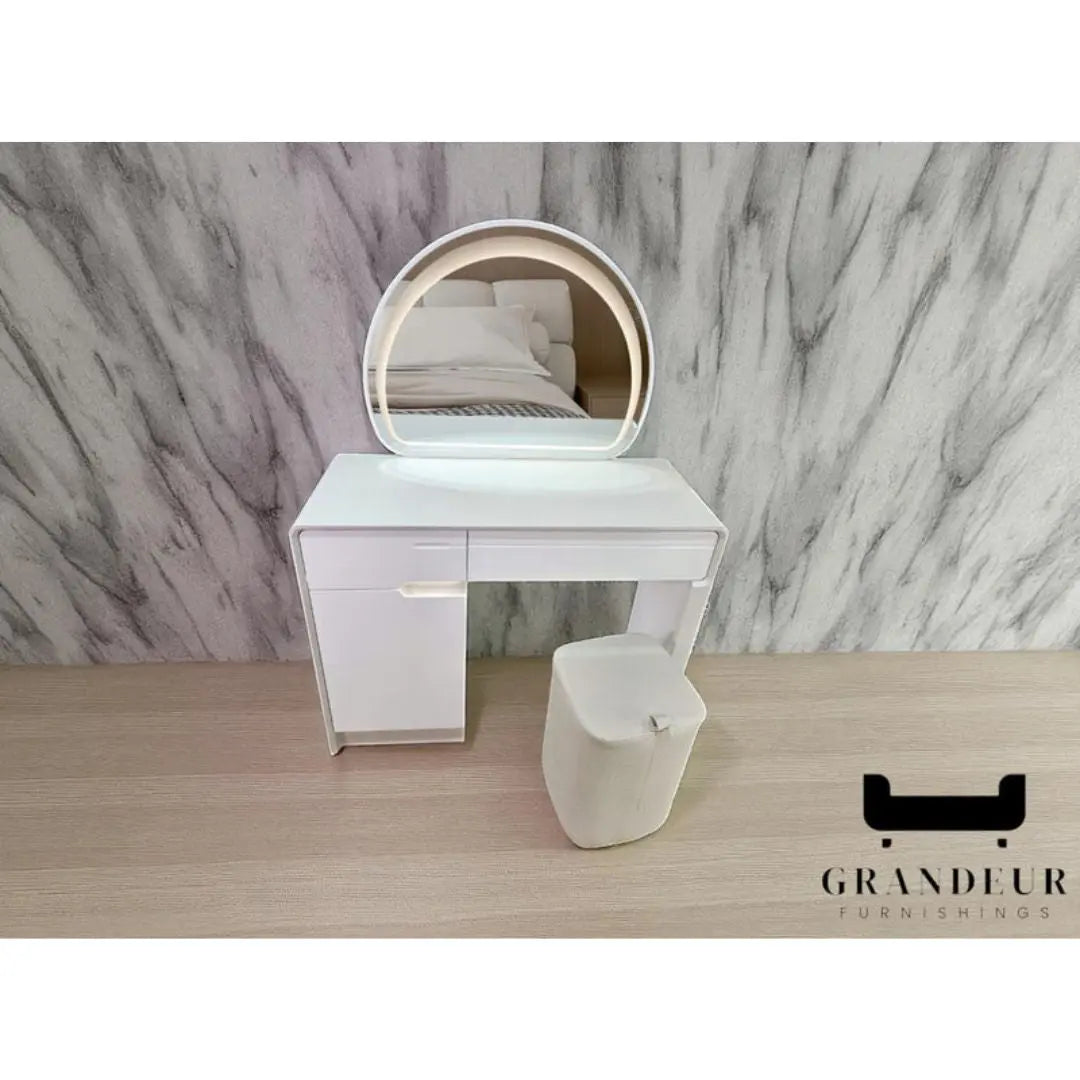 Vanity Table with LED Mirror – Sleek White Finish Dressing Table Grandeur Furnishings
