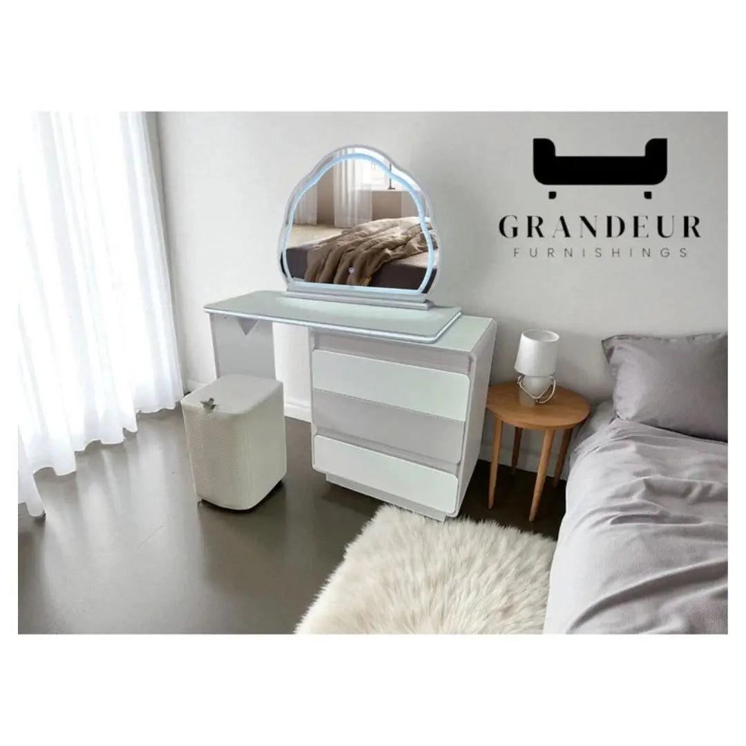 Vanity Table with LED Mirror and White Finish Dressing table Set Grandeur Furnishings