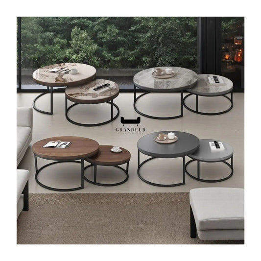 Elegant Round Nesting Coffee Table with Gloss Sintered Stone Top Grandeur Furnishings