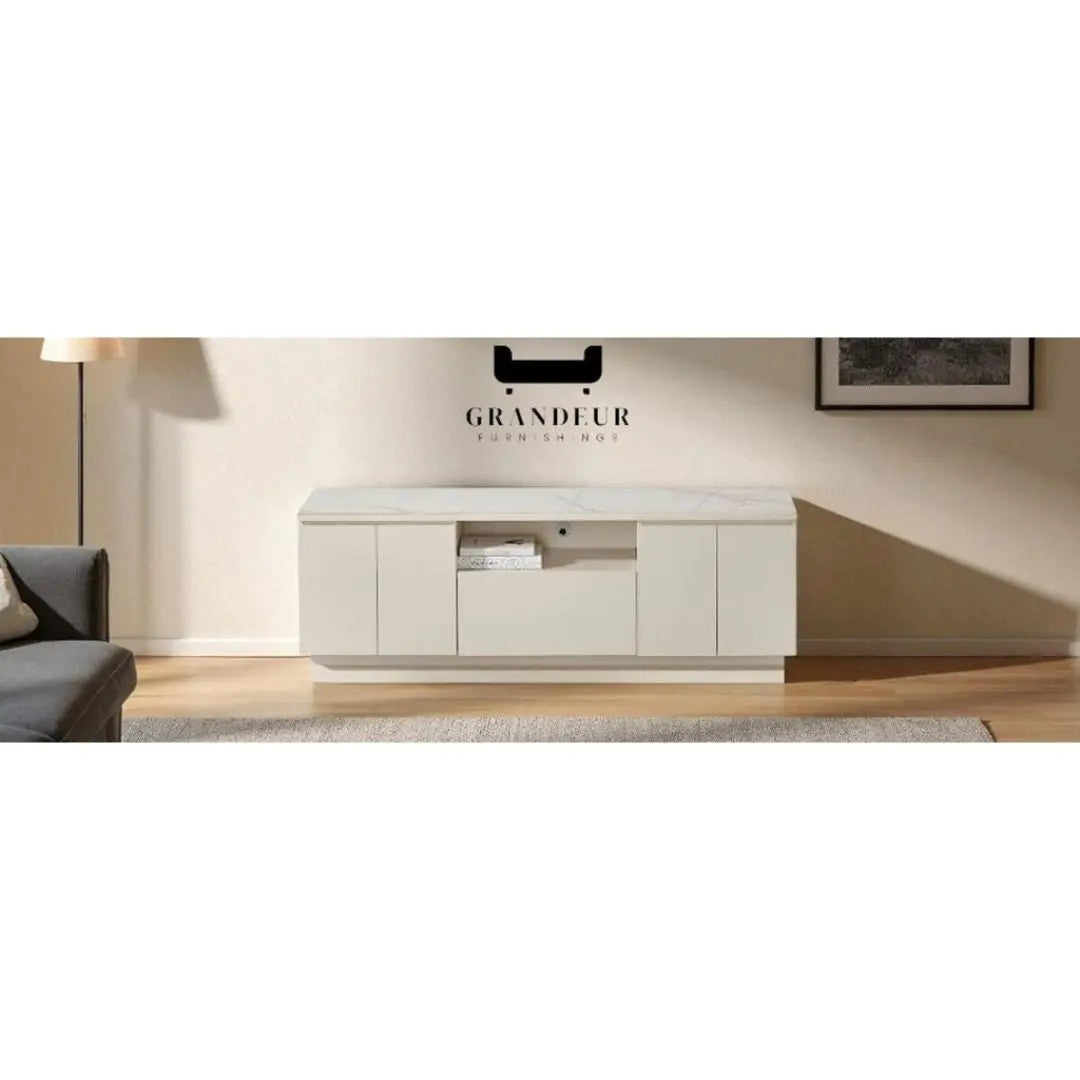 Gloss White TV Console with Sintered Stone Top – Available in 1600mm & 1800mm Grandeur Furnishings