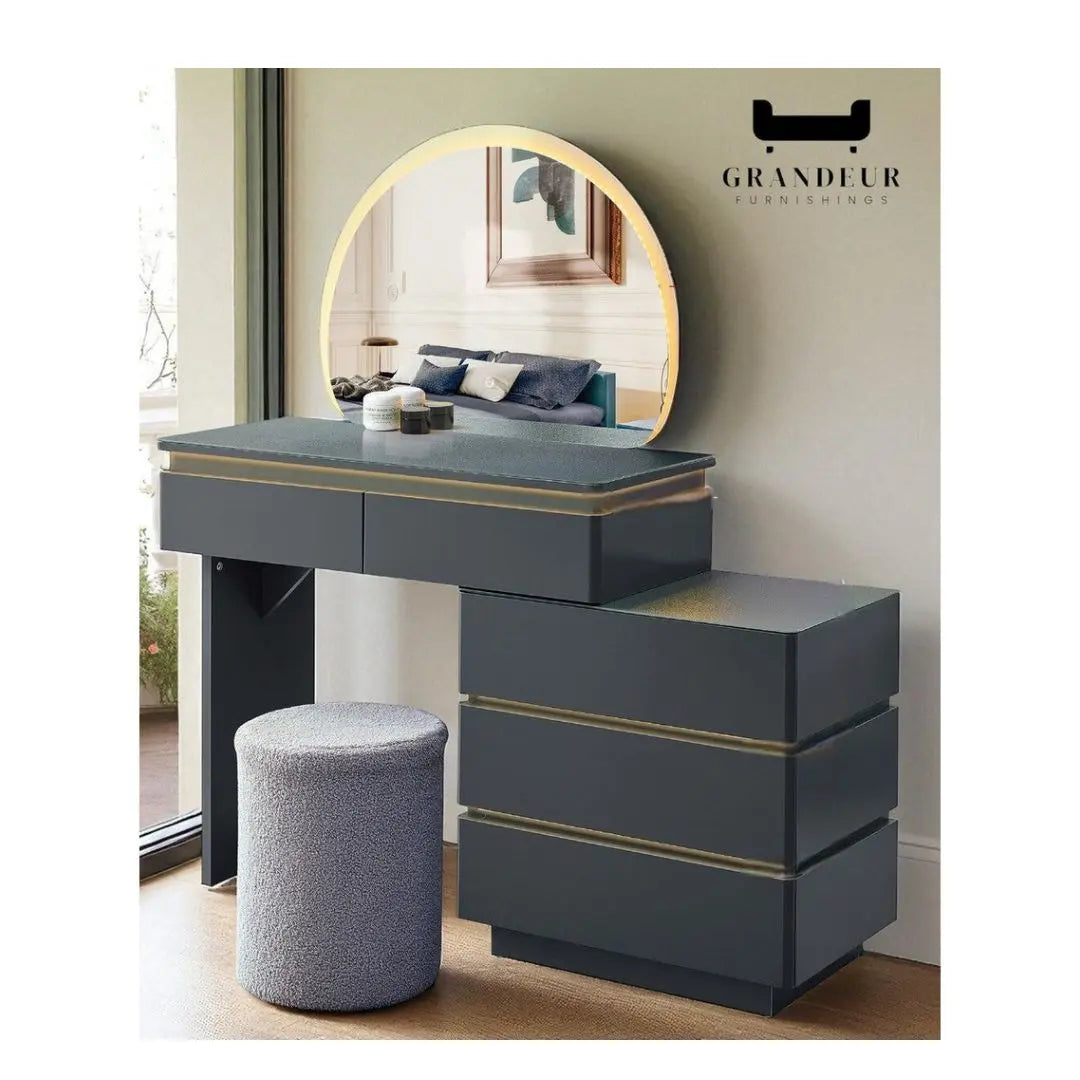 Modern LED Dressing Table with Mirror and Storage - Matte Dark Grey Finish Grandeur Furnishings