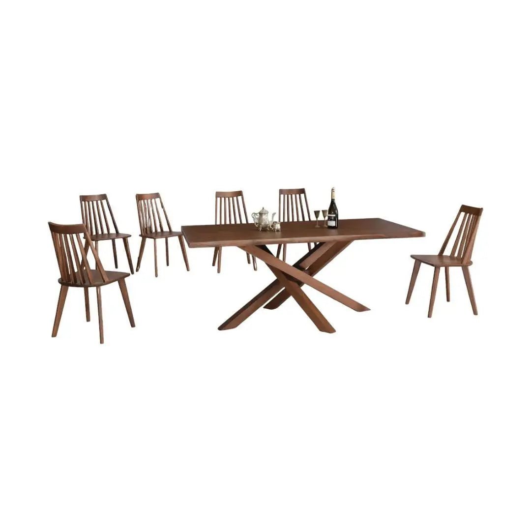 Elegant Walnut Solid Wood Dining Table Set 1+6 with X-Leg Grandeur Furnishings