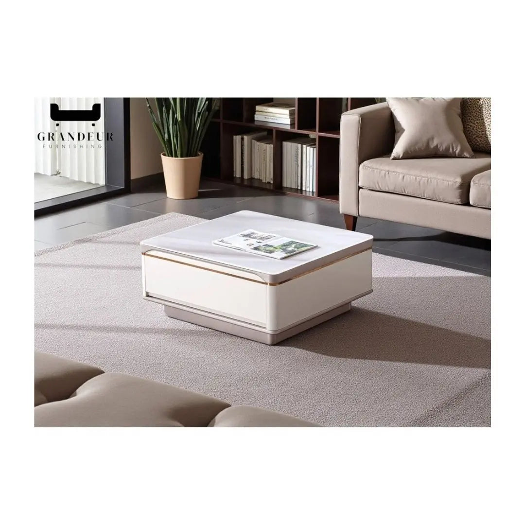 Elegant Microcrystalline Glass Coffee Table with Glossy White & Khaki Grey Finish Grandeur Furnishings