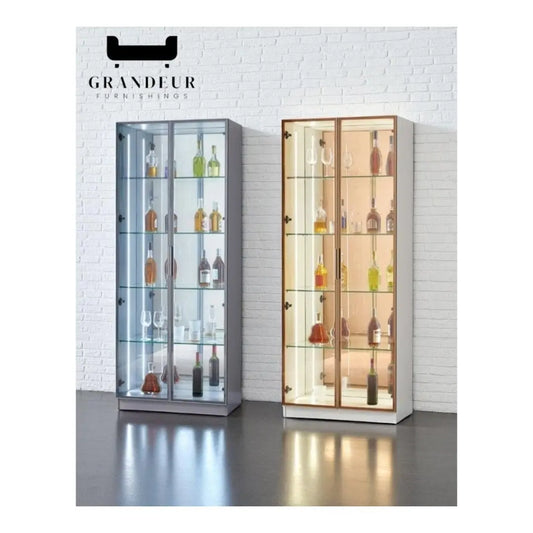 Glass Showcase Display Cabinet with LED & Mirror Back Grandeur Furnishings