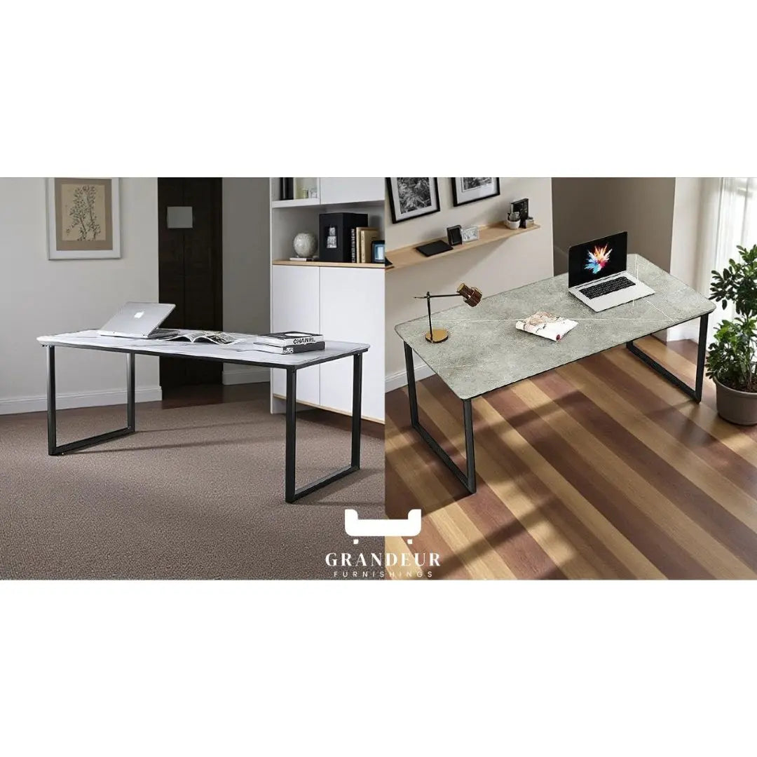 Matt Sintered Stone Top Study Table with Matt Black Metal Legs – Available in White & Grey Grandeur Furnishings