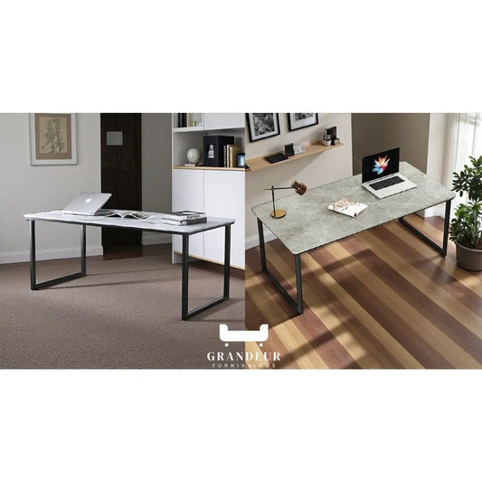 Matt Sintered Stone Top Study Table with Matt Black Metal Legs – Available in White & Grey Grandeur Furnishings
