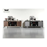 Walnut and grey TV consoles displayed side by side