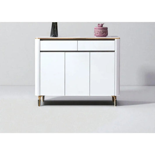 White Shoe Cabinet with Sintered Stone Top and Gold Accents Grandeur Furnishings
