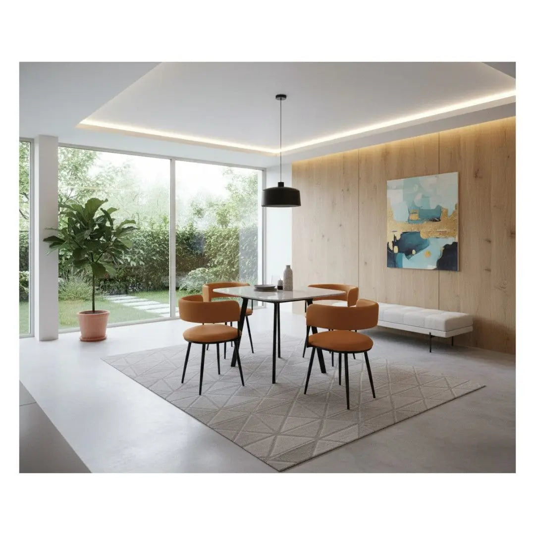 Modern 1+4 Dining Table Set with Sintered Stone Top & 4 Upholstered Chairs Grandeur Furnishings